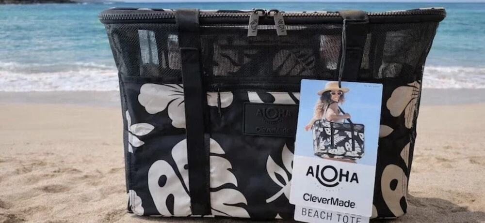 Aloha Beach Tote Floral Black/White Zip Top Double Handles Pouch Inner Pockets